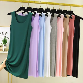 

Women comfortable home long vest tank top Round neck seamless thin all match slim brief basic camisloe vest dress