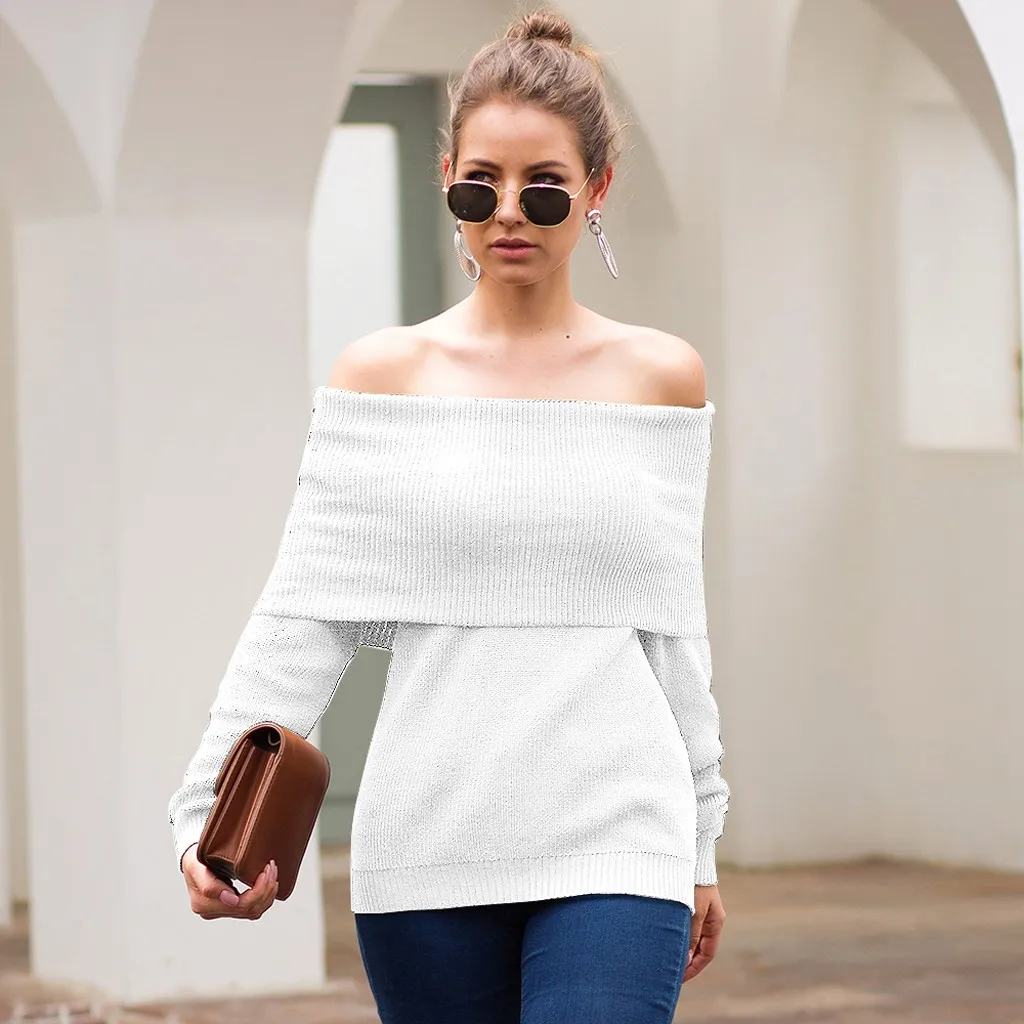 Stylish Bar Women Solid Knitted Sweaters Off Shoulder Long Sleeve Slim Jumper Pullover Sweater Female Autumn Knitwear Streetwear | Женская