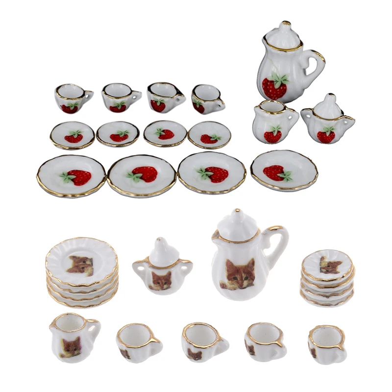 

30Pcs 1/12 Dollhouse Miniature Dining Ware Porcelain Tea Set - 15Pcs Strawberry Pattern & 15Pcs Cute Cat Pattern