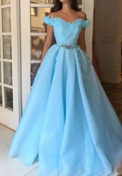 

Sky Blue Muslim Evening Dresses 2019 A-line Off The Shoulder Beaded Islamic Dubai Saudi Arabia Long Formal Evening Gown Prom