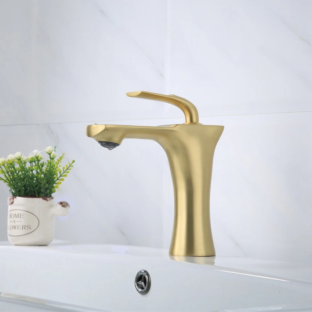 Gold brushed Современный латунный кран для раковины ванной комнаты, Смесители на бортике, санузел, хромированный серебристый кран для холодной и горячей воды 1222C - Цвет: Gold brushed