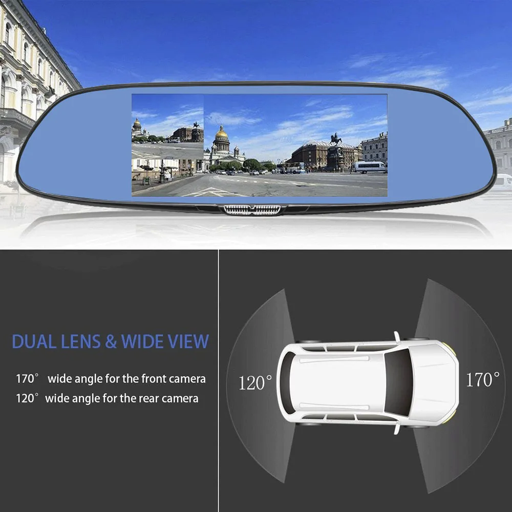 7-дюймовый автомобильный видеорегистратор с сенсорным экраном Двойной объектив заднего вида Камера зеркало видео Регистраторы Dash Cam Авто Видео Регистраторы парковки Dash Cam