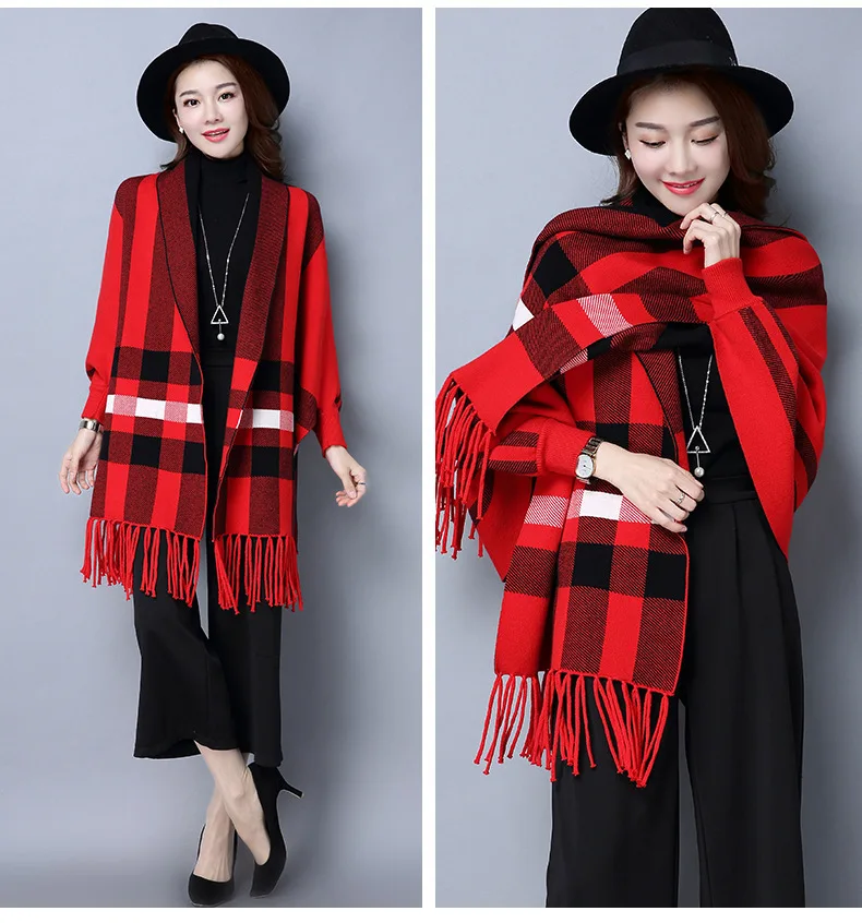 Women Autumn Long Batwing Sleeves Big Pendulum Cape Outstreet Wear Winter Knitted Striped Poncho Vintage Tassel Shawl Coat