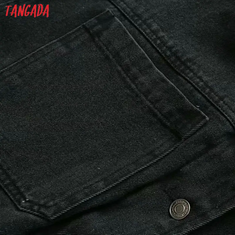 Tangada женские черные плотные джинсовые куртки с поясом и карманом на кнопках, с длинным рукавом и стоячим воротником, женские топы бойфренда 4M130