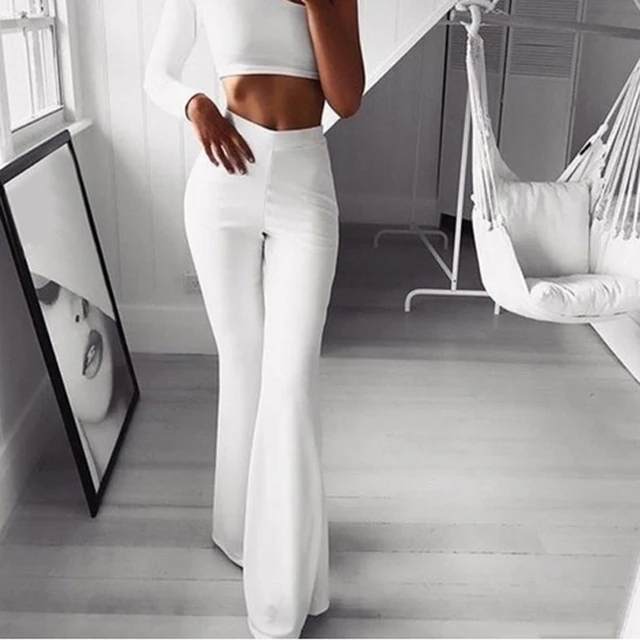 Summer Autumn Solid Elegant Female Lady Women's Palazzo Flared Wide Killer Legs Pants High Waist OL Ladies Career Long Trousers white
