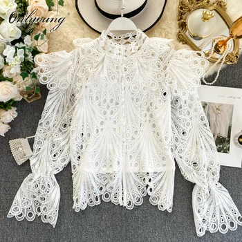 

Onlyoung 2020 Summer Vintage Luxury Women Blouses and Tops Shirt Long Sleeve Party White Lace Ruffle Blouse