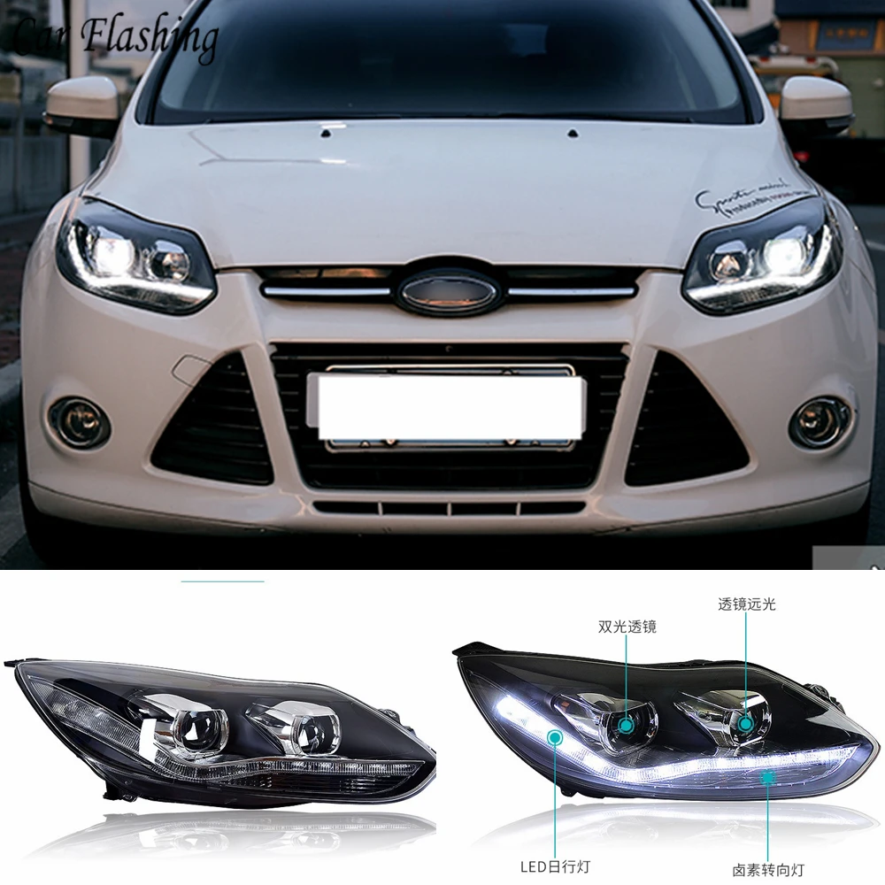 1 пара светодиодный головной лампы для Ford Focus 3 фары 2012 2013 Европа светодиодный направляющий свет drl H7 hid Биксеноновые двойные линзы ближнего света