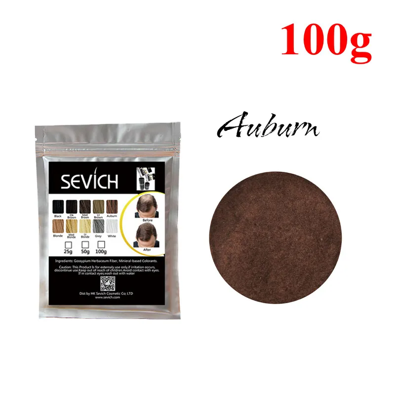 auburn Sevich refill, 100 г, продукты для выпадения волос, строительное волокно, порошки для волос, утолщенные тонкие волосы, 10 цветов, Кератиновое восстановление волос - Цвет: auburn