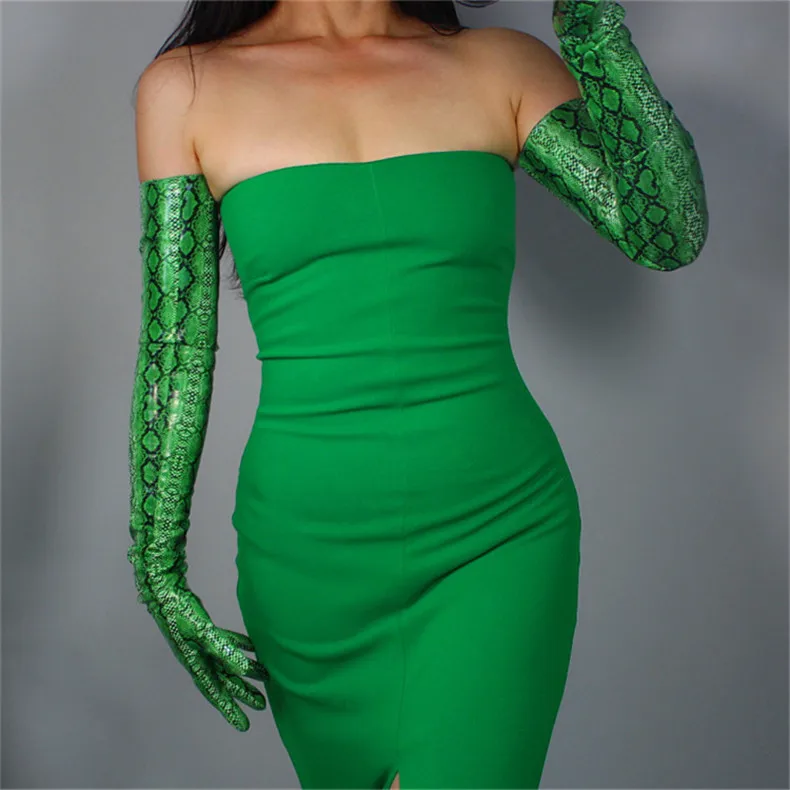 Snakeskin Short Gloves 21cm Patent Leather Emulation Leather PU Bright Leather Animal Python Green Snake pattern Female WPU105
