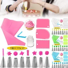 Diy 14pcセット再利用可能なアイシング配管ノズルセット菓子袋スクレーパー花クリームヒントコンバータベーキングカップケーキデコレーションツール