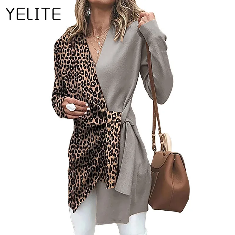 YELITE leopard print office autumn winter V-neck long-sleeve irregular sexy tops aesthetic vintage women Shirts