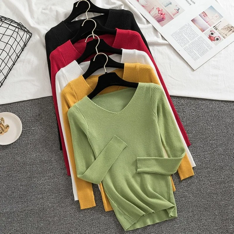 

Autumn Winter 2020 New Knitted Bottoming Shirt V-neck Pullover Slim Long Sleeve Sweater Women's Top