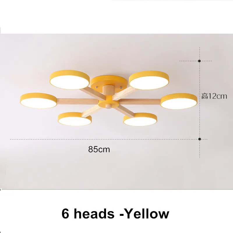 6 Heads Yellow Простой деревянный светодиодный светильник в скандинавском стиле с цветным железным абажуром, потолочные люстры для столовой, детской спальни, домашняя деревянная лампа - Цвет абажура: 6 Heads Yellow