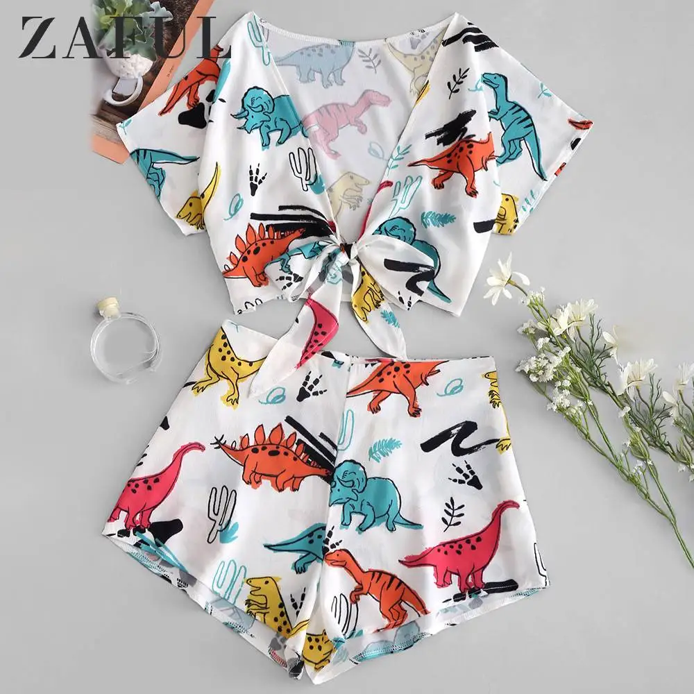 Женские комплекты ZAFUL укороченный топ с Завязанными динозаврами и шорты на