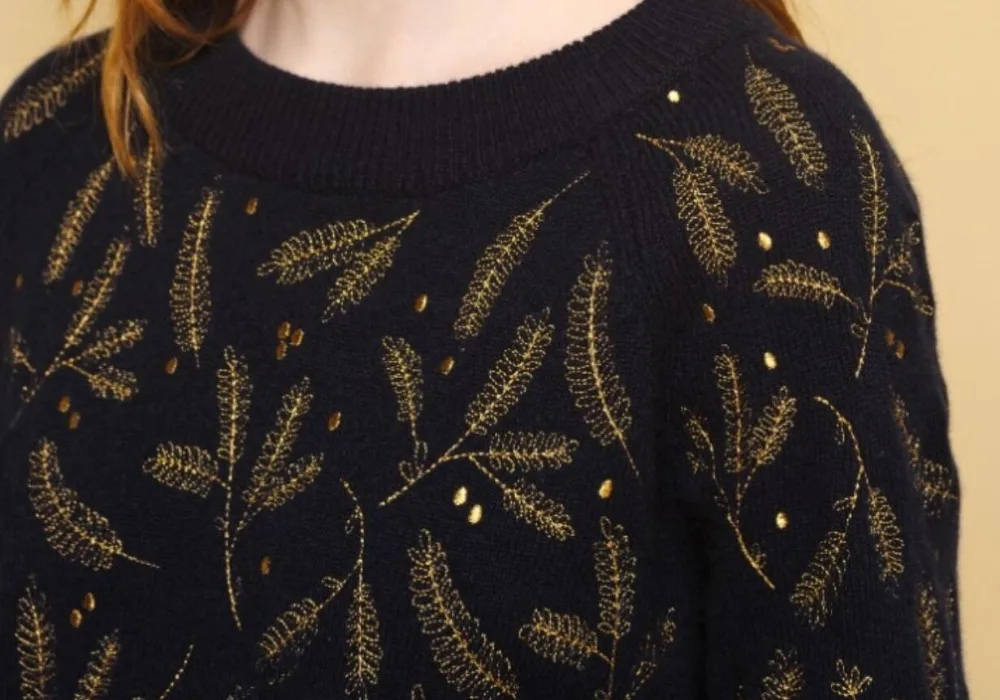 Wool Gold Silk Leaves Lurex Embroidery Leaves Warm Round Neck Knitted Sweater