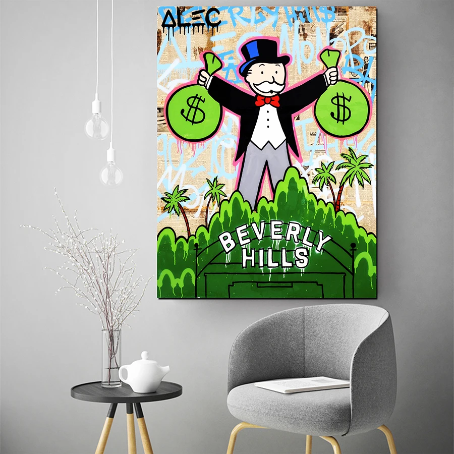 

HD Print Alec Monopoly Oil Painting Home Decor Wall Art on Canvas Monopoly Holding 2 Bags Beverly Hills Canvas Printings Decor