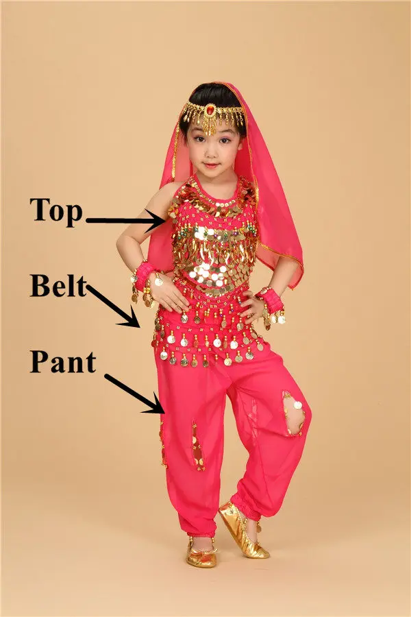 Детский костюм для танца живота, новинка года, Индийский Болливуд, Восточный Египетский танец живота, платье для девочек, топ для танца живота, штаны, 6 цветов - Цвет: Rose Red 3pcs