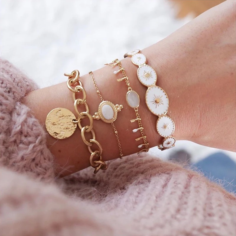 4 шт./компл. браслеты и золотой овальной формы с узором в виде солнца белым шариком