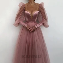 

RANMO 2021 Dusty Pink/White Wedding Party Dress Puff Long Sleeves Sweetheart Satin And Tulle Ankle Length Formal Gowns
