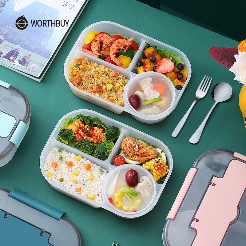 WORTHBUY Fiambrera japonesa con compartimiento para niños, recipiente portátil de alimentos a prueba de fugas, caja de plástico para microondas