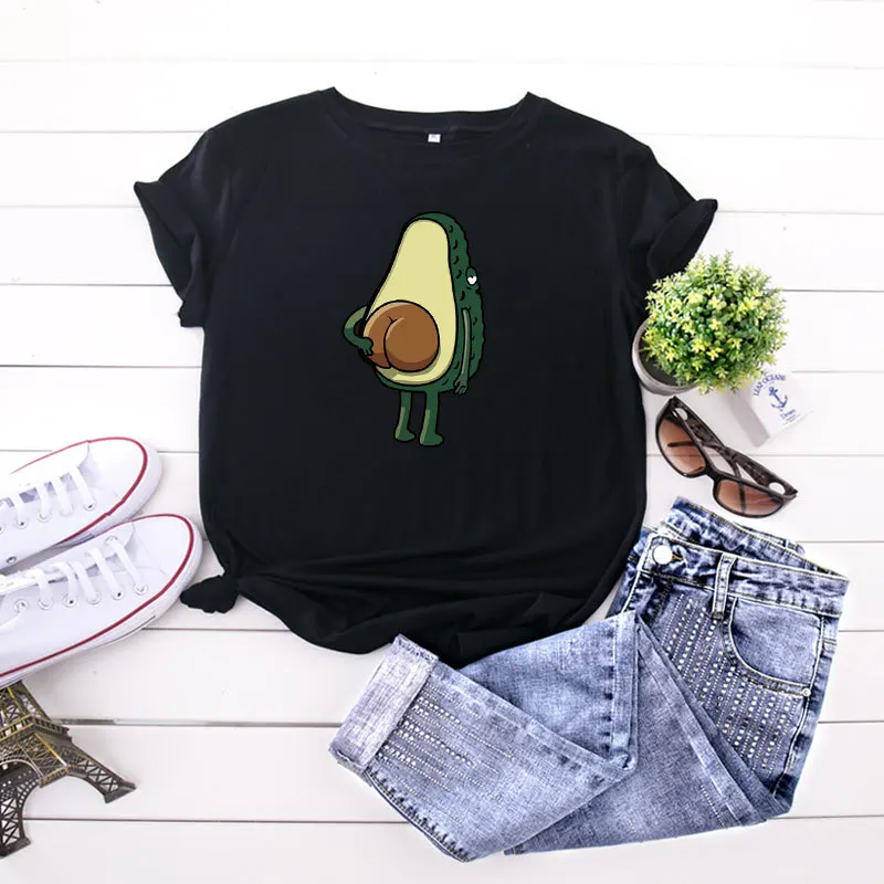 XXXXXL Women Summer Tshirt Cotton Avocado Print T-Shirt Short Sleeve O-Neck Tee Shirt Plus Size Pink Tee Top Korean Style