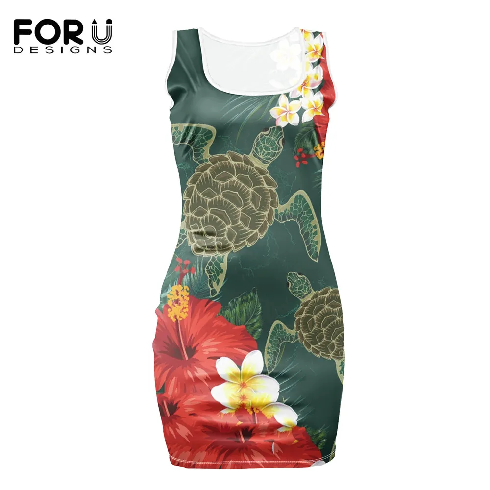 

FORUDESIGNS New Trend Turtle Polynesia Hawaii Frangipani Hibiscus Flower Women Sleeveless U Neck Tight Short Dress Ropa de Mujer