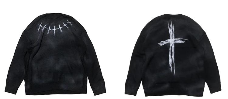 High Street Vintage Wash Sweater Men Graffiti Loose Knitted Pullover Long Sleeve Hip Hop Oversize Sweater Casual Jumper Knitwear