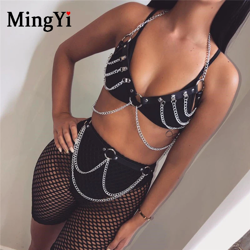 Black 2-piece set Готический сексуальный бюстгальтер с вырезами, комплект с ремнем-цепочкой, кожаный ремень для БДСМ, серебряная металлическая цепочка, бюстгальтер с ремнем, комплекты нижнего белья, клубный костюм для вечеринки - Цвет: Black 2-piece set