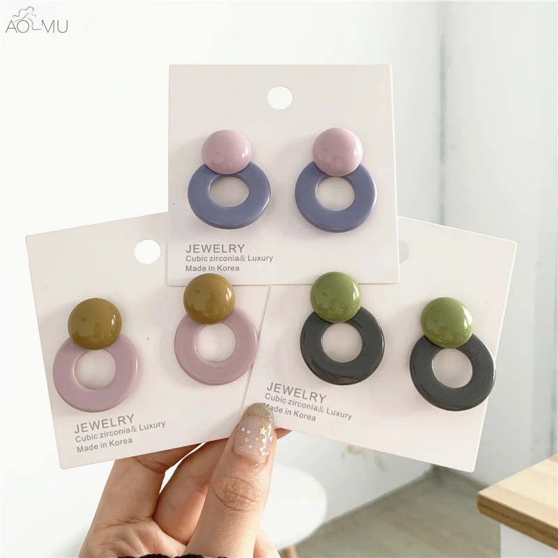

AOMU Korean S925 Sterling Silver Pin Simple Resin Color Enamel Geometric Round Hollow Drop Earrings for Women Girl Gifts Jewelry