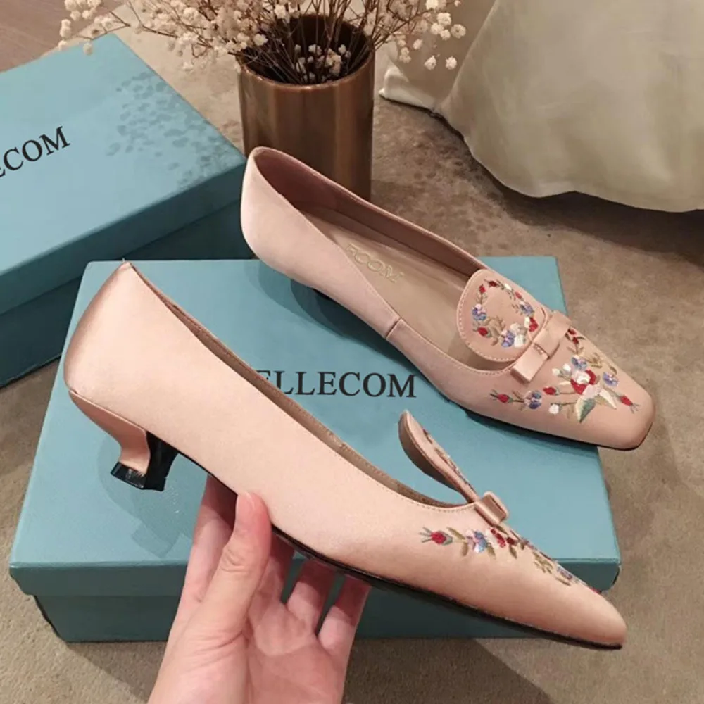 

BELLECOM 2019 new leather single shoes embroidery silk low heel comfortable versatile square head bow flat shoes