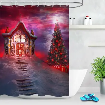 

Red Christmas Tree & Santa's house Shower Curtain Set Bathroom Fabric w/ Hooks