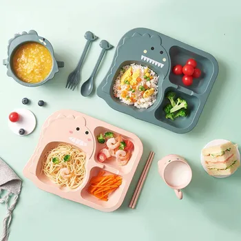 

Baby cute dinosaur tableware safety set children's plate compartment home creative cartoon anti-fall baby food supplement bowl