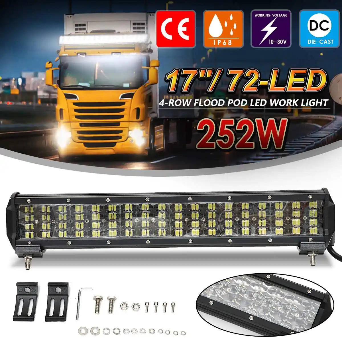 

17 Inch 228W 72 LED Work Light Bar for Tractor Boat OffRoad 4WD 4x4 Car Truck SUV ATV Waterproof High Brightness Accessories
