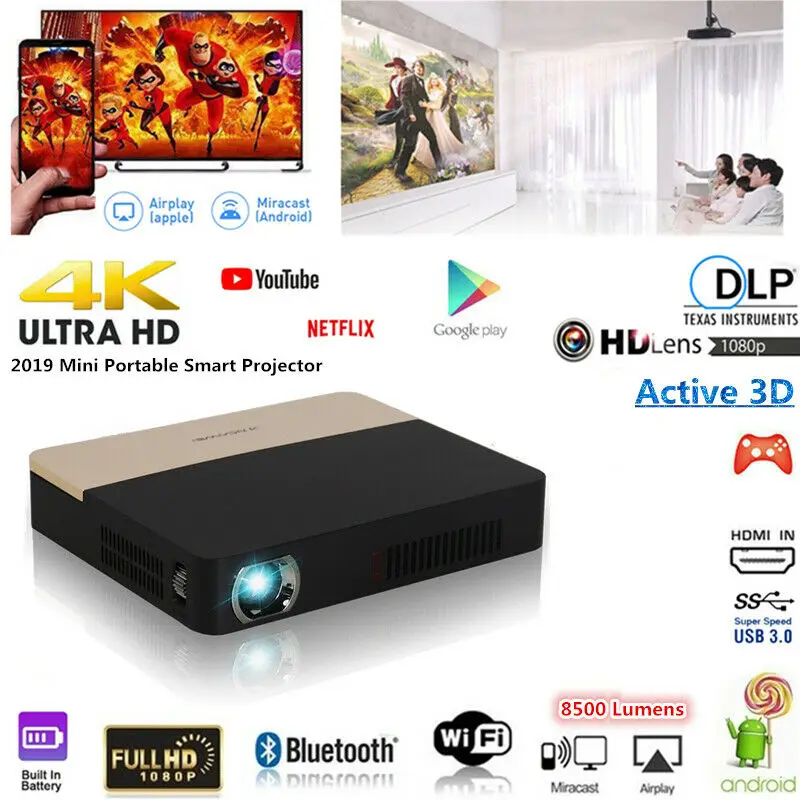  Home Theater Projector 8500 Lumens Mini Android DLP 1080P HD 4K 3D Wifi Home Cinema Projector HDMI 