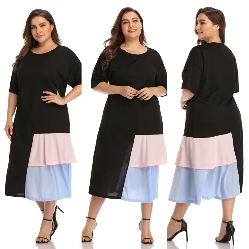

WHZHM Half Sleeve High Cotton Party Dresses Women Patchwork O-Neck High Waist Casual Plus Size 3XL 4XL A-Line Dress Female