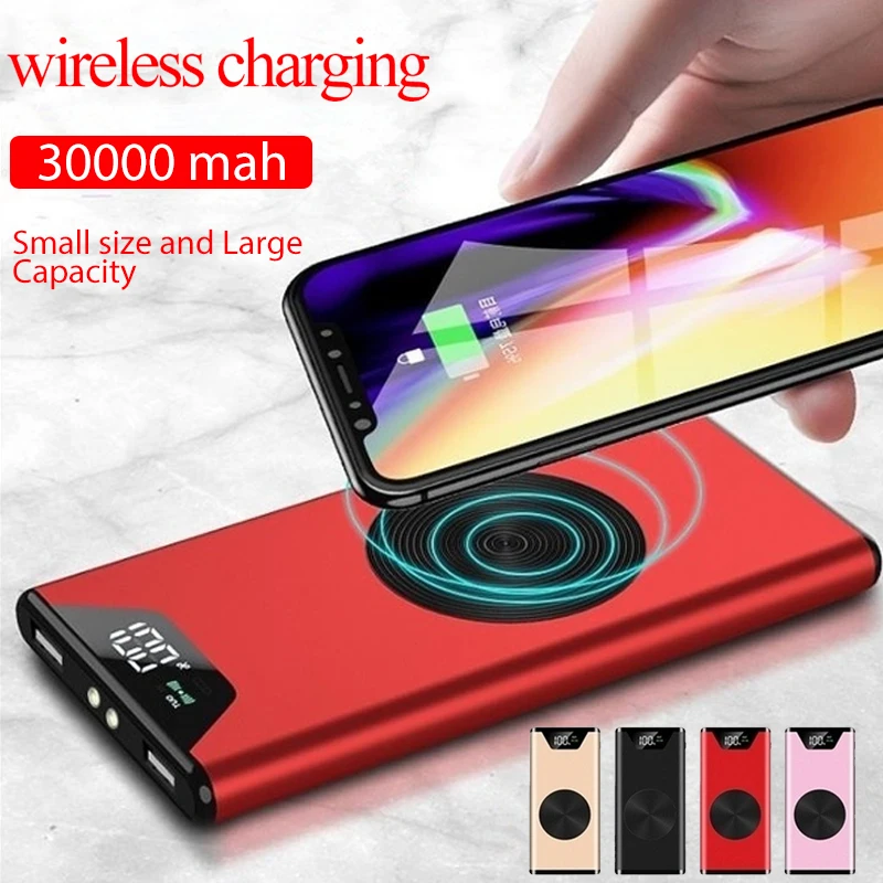 Portable Wireless Charger Mobile Ultra High Capacity 30000mAh Power Bank Ultra Thin Fast Charging Double USB LED Power Bank