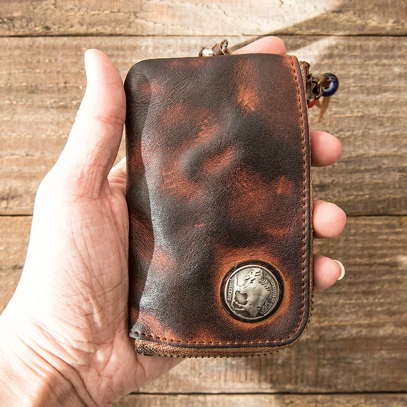 Vegetable tanned leather key case, men's retro leather zipper key case