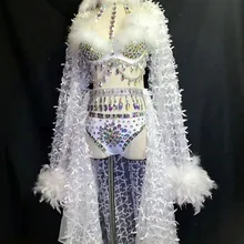 Многоцветный Большой стразы бюстгальтер с перьями короткая сетка длинный хвост наряд набор женский день рождения одежда певица шоу костюм