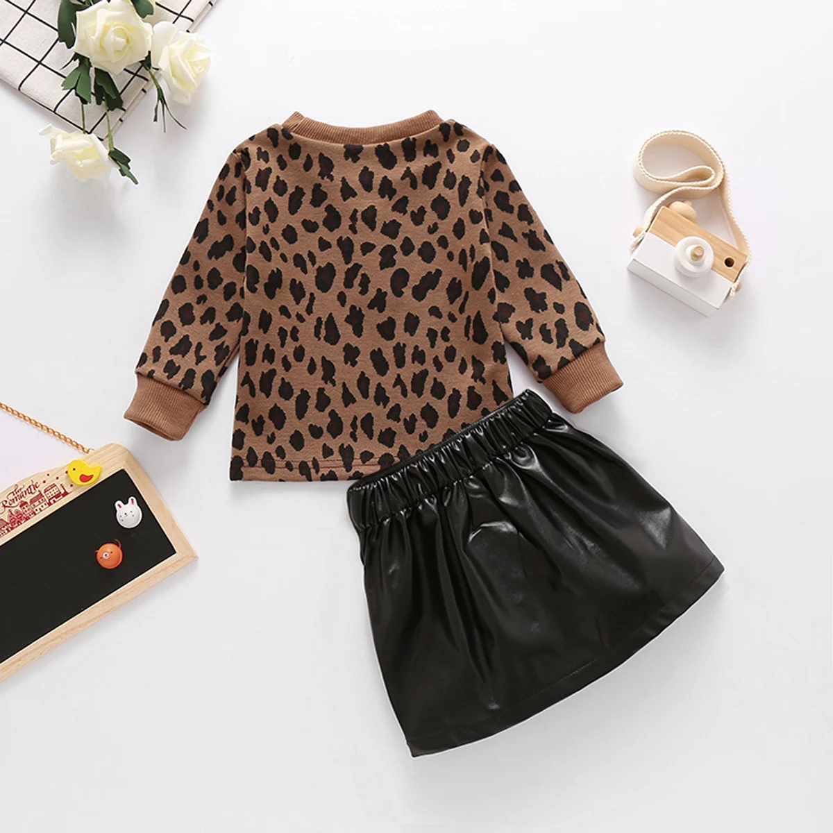 Girls Clothing Set Ma&Baby 1-5Y Autumn Winter Toddler Leopard Long Sleeve Pullover Top Pu Leather Skirts kids clothing set girls clothing set