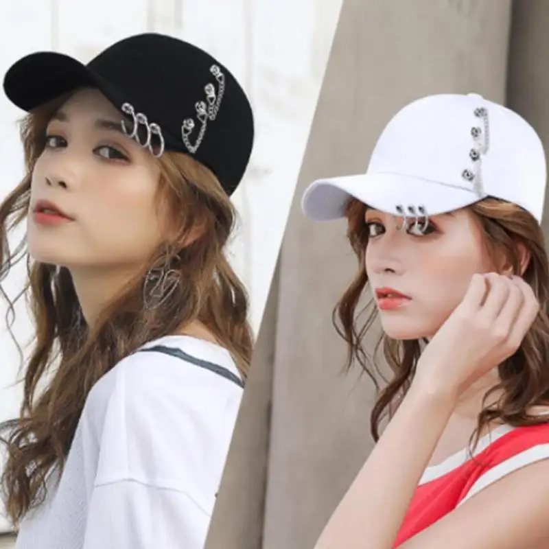 Women Baseball Caps New Korean Fashion Adjustable Black Visor Hat Women Round Circle Alloy Rings Chain Pendant Caps Women