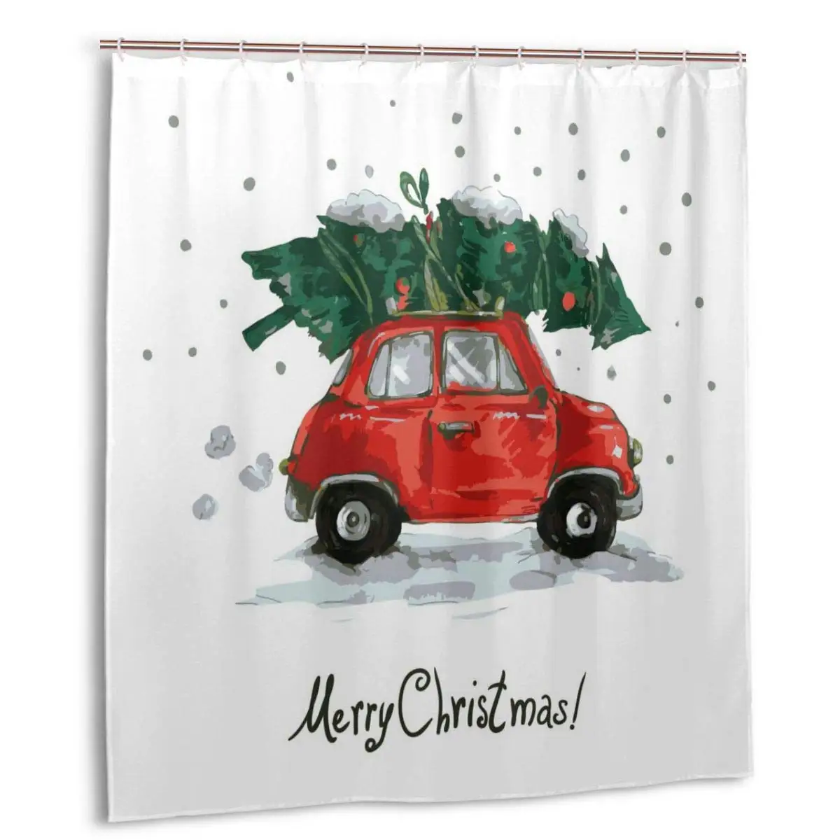 

Christmas Red Retro Style Car Xmas Tree Shower Curtain Polyester Waterproof 12 Hooks Fabric Modern Bathroom Home Decor SetInch