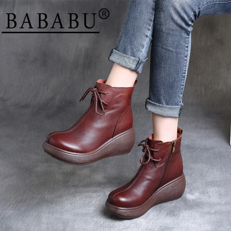 

2019 autumn and winter new retro leather side zipper platform wedge with platform boots women boots bare boots