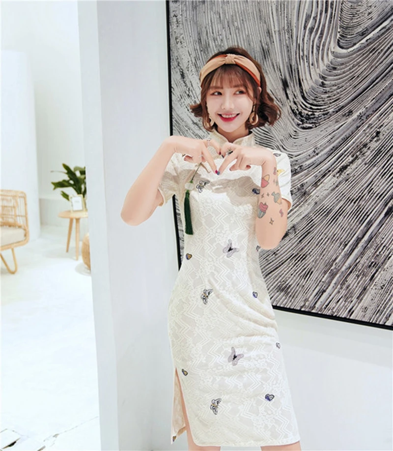 Современный Cheongsam короткое XL тонкое сексуальное кружевное платье китайское