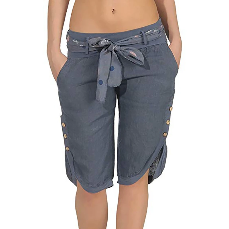 2020 Women Summer Solid Women Pants Loose Knee Length Trousers Female Soft Elastic Waist Capris Women Lace-up Pants 2020 Women Summer Solid Women Pants Loose Knee Length Trousers Female Soft Elastic Waist Capris Women Lace-up Pants