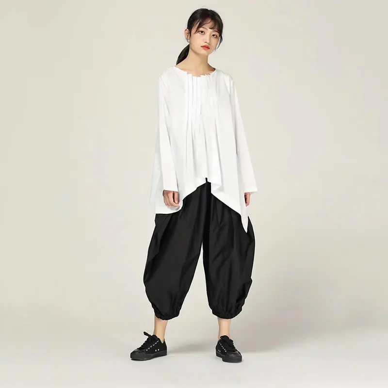 XITAO Pleated Pleated Autumn T Shirt Women Clothes O Neck Pullover Elegant Small Fresh Irregular Casual Style Tee WLD2450
