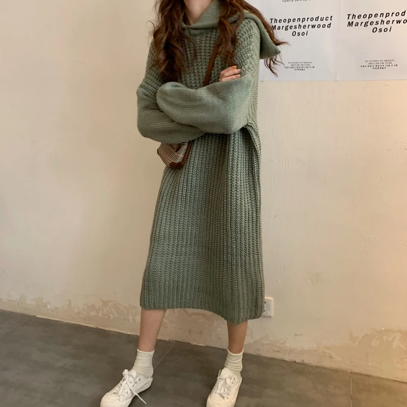 

2 colors long sleeve knitted dress women navy collar autumn winter sweater dress ladies loose long dress women (C9308)