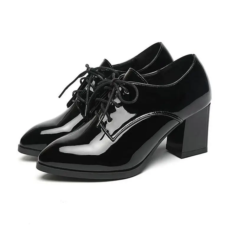 British Wind Single Shoes Female Autumn Patent Leather High Heel Thick Heel Women's Shoes Leisure Woman Single Shoes - Цвет: black