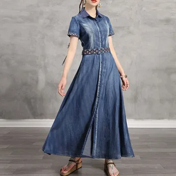 

Sisjuly Women Vintage Denim Embroidery Dress Single-Breasted Short Sleeve Retro Long Maxi Dress With Belt Elegant Party Robes