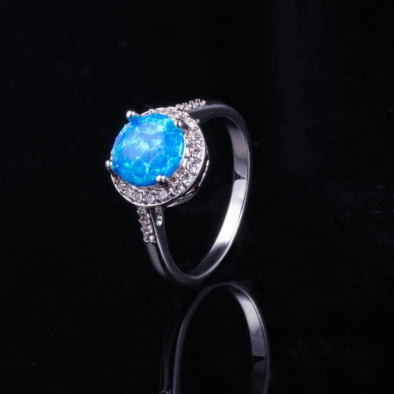 Luxury Round Blue Opal Rhinestone Wedding Rings for Women Fashion Silver Color Engagement Party Fine Jewelry Ring