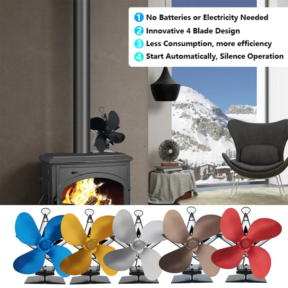 4 Blades Heat Powered Stove Fan Log Wood Burner Alumina Fan Blade Quiet  Home Fireplace Fan Efficient Heat Distribution